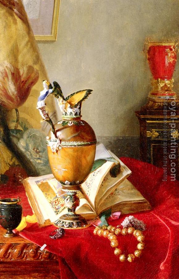Blaise Alexandre Desgoffe : Still Life with Urns And Illuminated Manuscript On A Draped